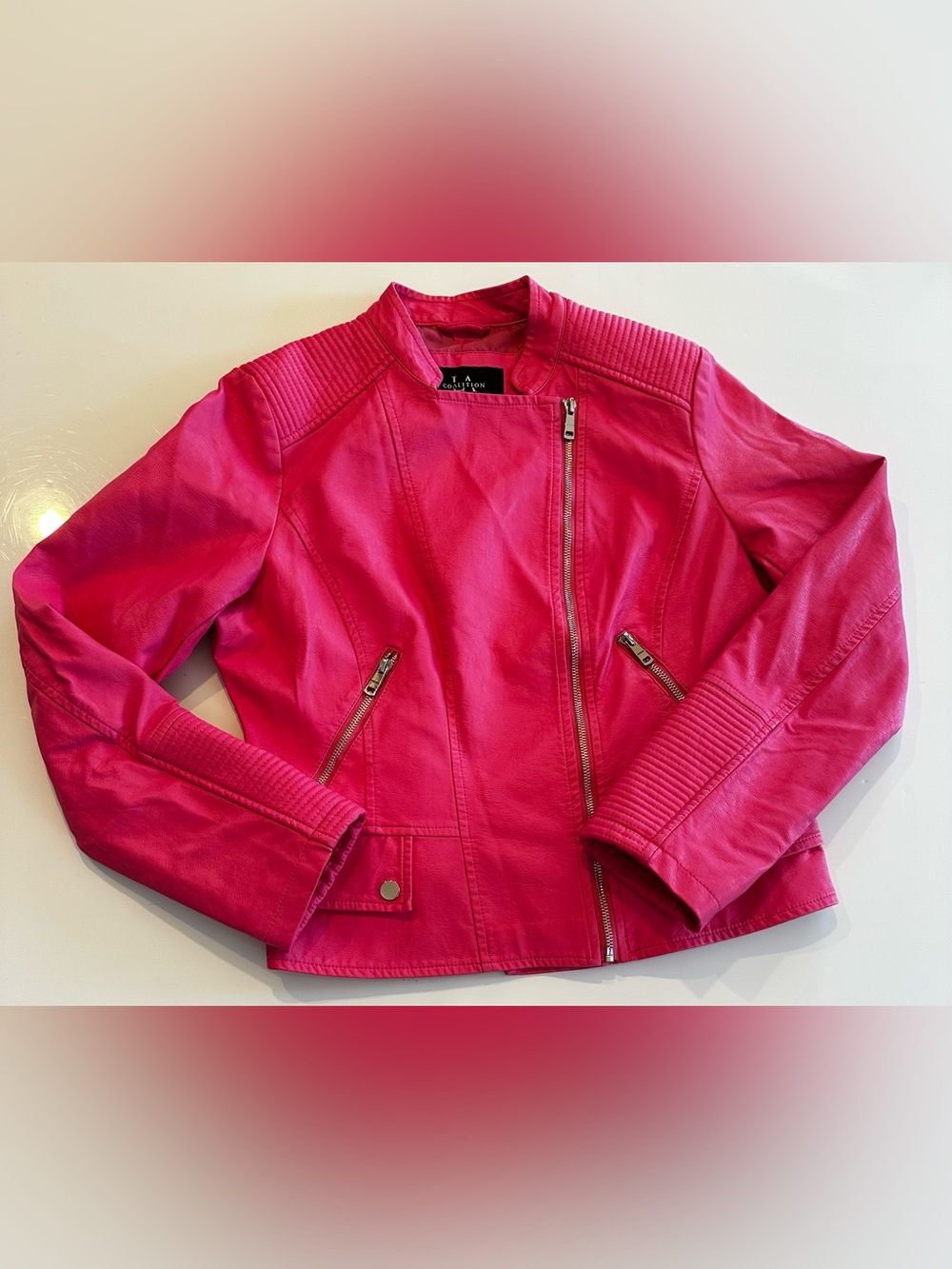 COALITION LA Vegan Leather Moto Jacket Fuchsia FAUX Leather Zip Front Womens L